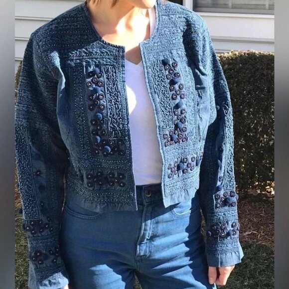 Neiman Marcus Womens Small Embroidered Cotton Jacket Midnight Blue - Picture 2 of 14